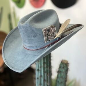 Stylish Blue Western Hat with Feather